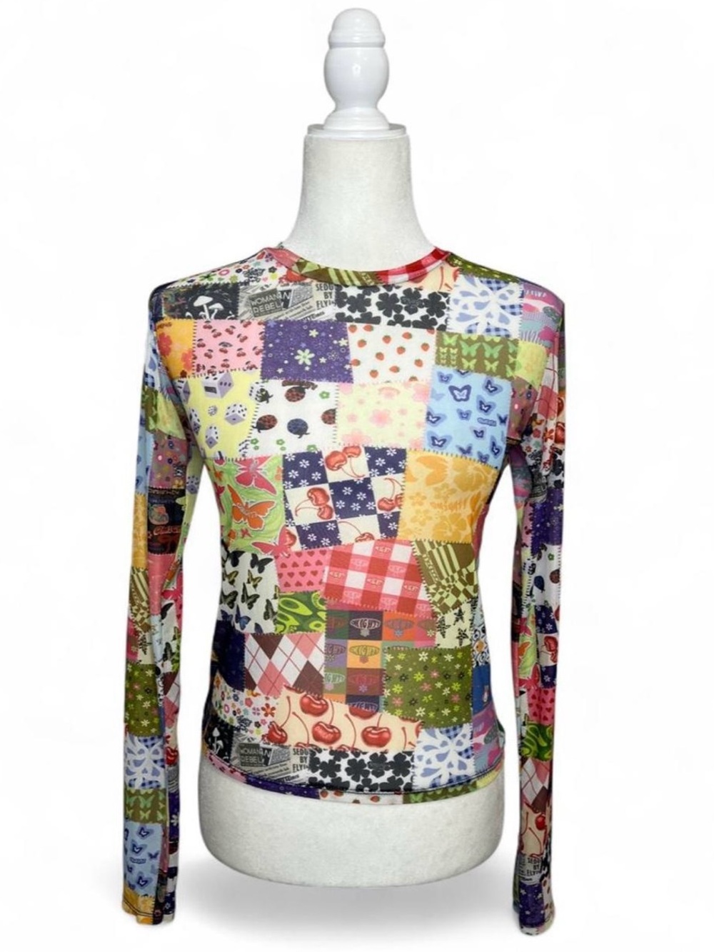 Omighty long sleeve colorful sheer mesh patchwork graphic top